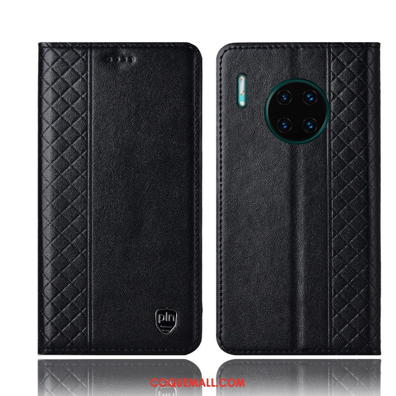 Étui Huawei Mate 30 Téléphone Portable Plaid Noir, Coque Huawei Mate 30 Protection Cuir Véritable