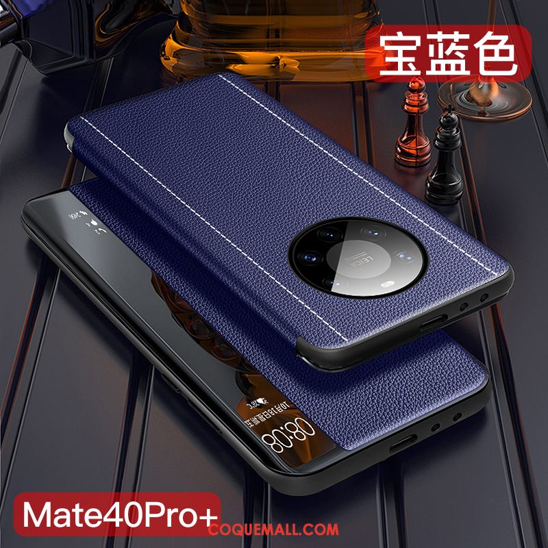 Étui Huawei Mate 40 Pro+ Téléphone Portable En Cuir Cuir Véritable, Coque Huawei Mate 40 Pro+ Bleu Marin Incassable