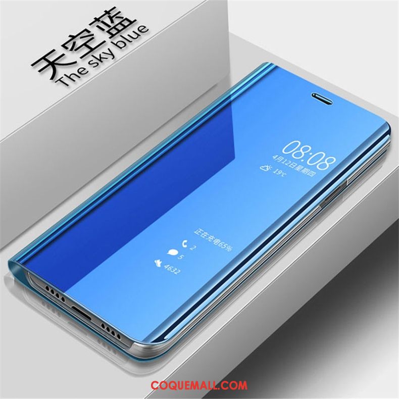 Étui Huawei P Smart+ Étui En Cuir Bleu Incassable, Coque Huawei P Smart+ Miroir Téléphone Portable