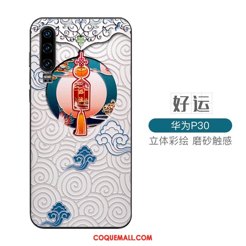Étui Huawei P30 Blanc Protection Style Chinois, Coque Huawei P30 Personnalité Vent
