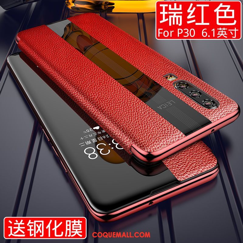 Étui Huawei P30 Luxe Cuir Véritable Verre, Coque Huawei P30 Incassable Rouge