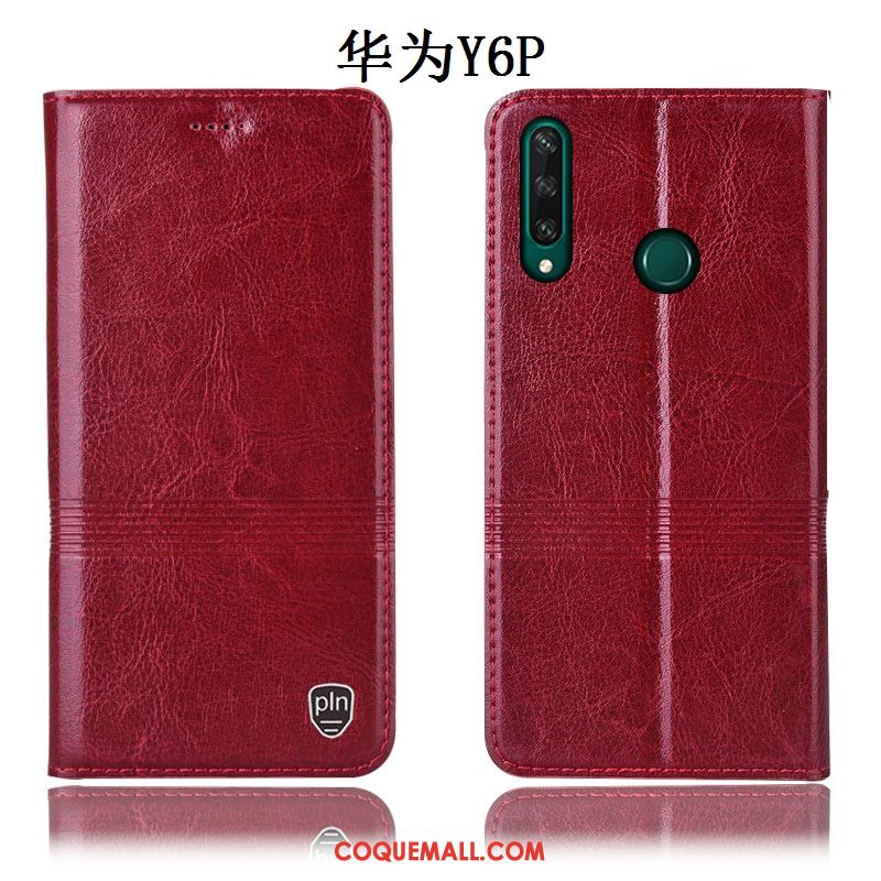 Étui Huawei Y6p Cuir Véritable Rouge Incassable, Coque Huawei Y6p Protection Modèle Fleurie