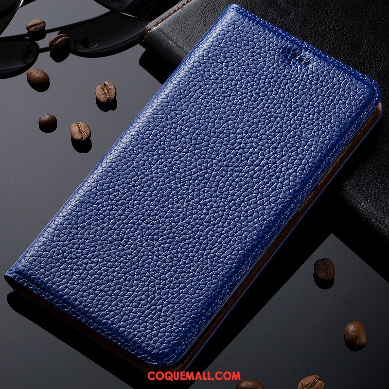 Étui Lg V30 Cuir Véritable Téléphone Portable Bleu, Coque Lg V30 Étui En Cuir Modèle Fleurie