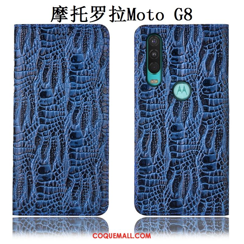 Étui Moto G8 Téléphone Portable Bleu Cuir Véritable, Coque Moto G8 Incassable Protection