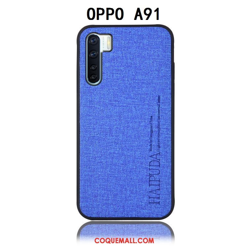 Étui Oppo A91 Bleu Protection En Cuir, Coque Oppo A91 Lin Couvercle Arrière