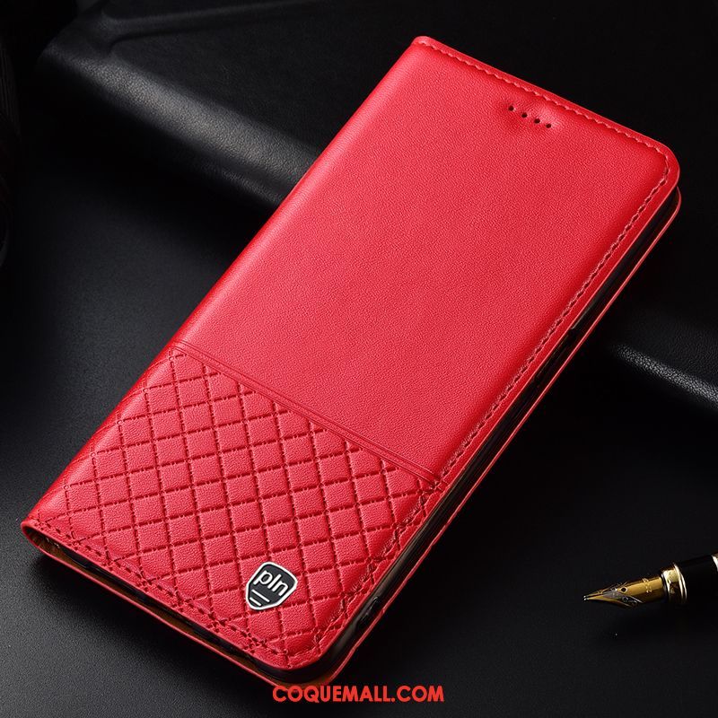 Étui Samsung Galaxy A30s Rouge Plaid Cuir Véritable, Coque Samsung Galaxy A30s Incassable Téléphone Portable