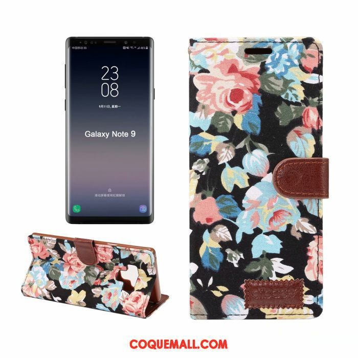 Étui Samsung Galaxy Note 9 Fleur Tissu Étoile, Coque Samsung Galaxy Note 9 Noir Étui En Cuir