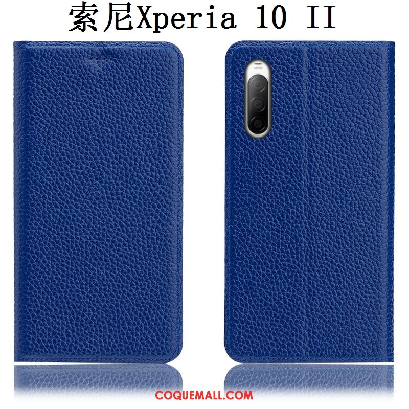 Étui Sony Xperia 10 Ii Cuir Véritable Litchi Modèle Fleurie, Coque Sony Xperia 10 Ii Bleu Téléphone Portable