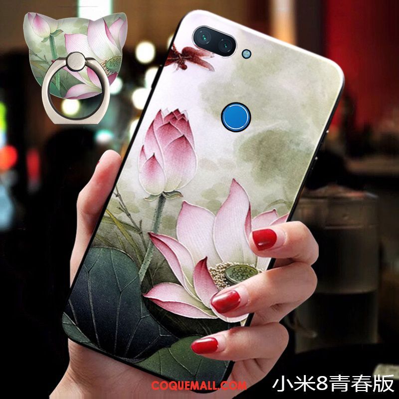 Étui Xiaomi Mi 8 Lite Anneau Style Chinois Téléphone Portable, Coque Xiaomi Mi 8 Lite Personnalité Boucle Beige