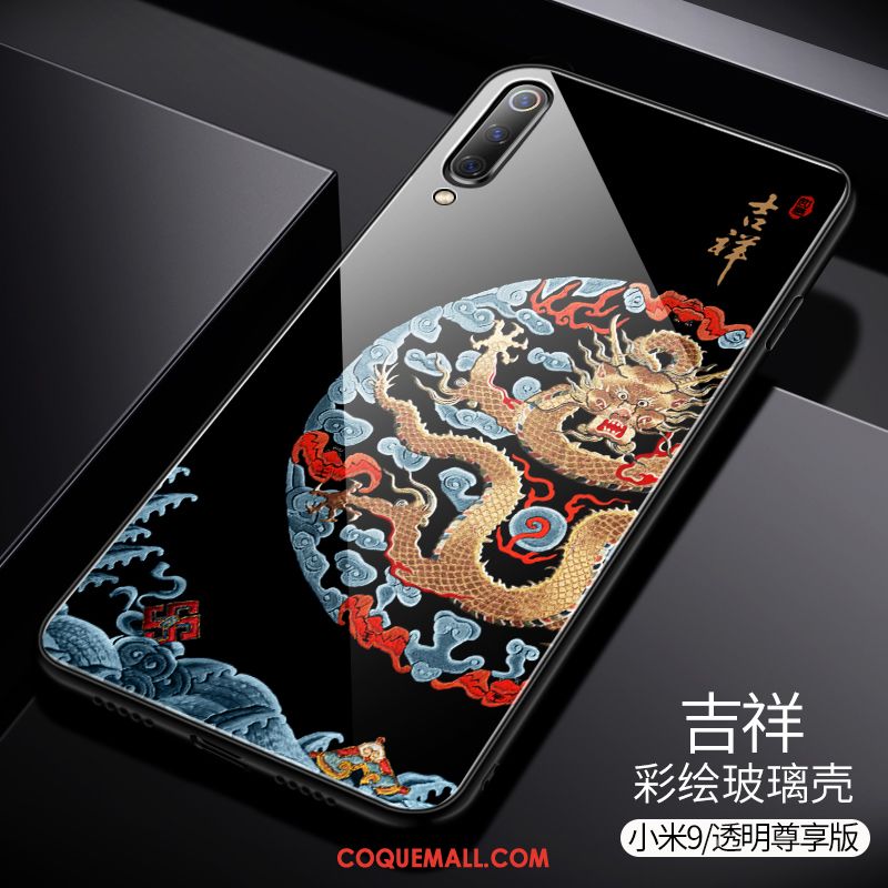 Étui Xiaomi Mi 9 Créatif Style Chinois Noir, Coque Xiaomi Mi 9 Incassable Modèle Fleurie Beige