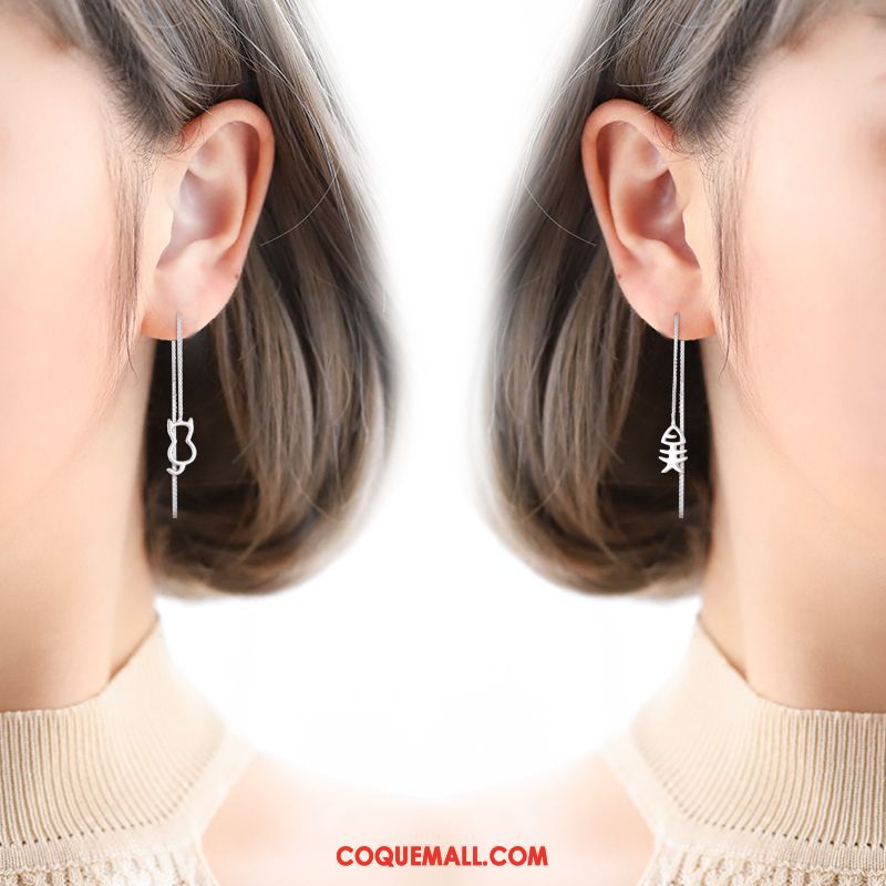 Boucles D'oreilles Femme Chat Charmant Pure, Boucles D'oreilles Argenté Longue Section