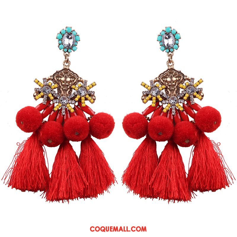 Boucles D'oreilles Femme Tassel Hairball Accessoires, Boucles D'oreilles Rouge Longue Section