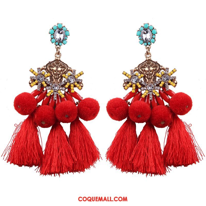 Boucles D'oreilles Femme Tassel Hairball Accessoires, Boucles D'oreilles Rouge Longue Section