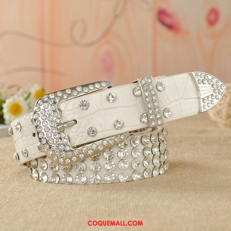 Ceinture Femme Blanc Jeans Pu, Ceinture Modèles Féminins Pierres De Strass