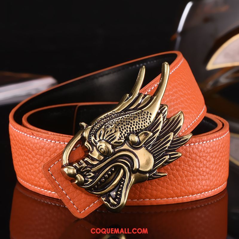 Ceinture Homme Mode Dragon Tendance, Ceinture All-match Cuir Véritable Orange