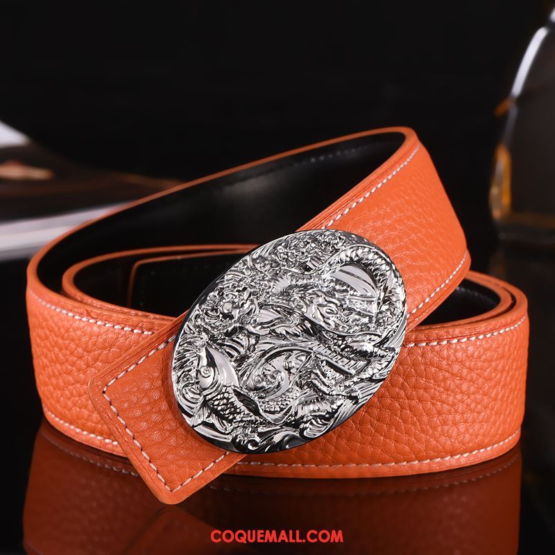 Ceinture Homme Mode Dragon Tendance, Ceinture All-match Cuir Véritable Orange