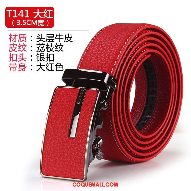 Ceinture Homme Pure Cuir De Vache Rouge, Ceinture Boucle Automatique Cuir Véritable