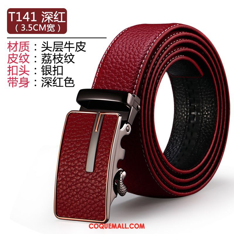 Ceinture Homme Pure Cuir De Vache Rouge, Ceinture Boucle Automatique Cuir Véritable