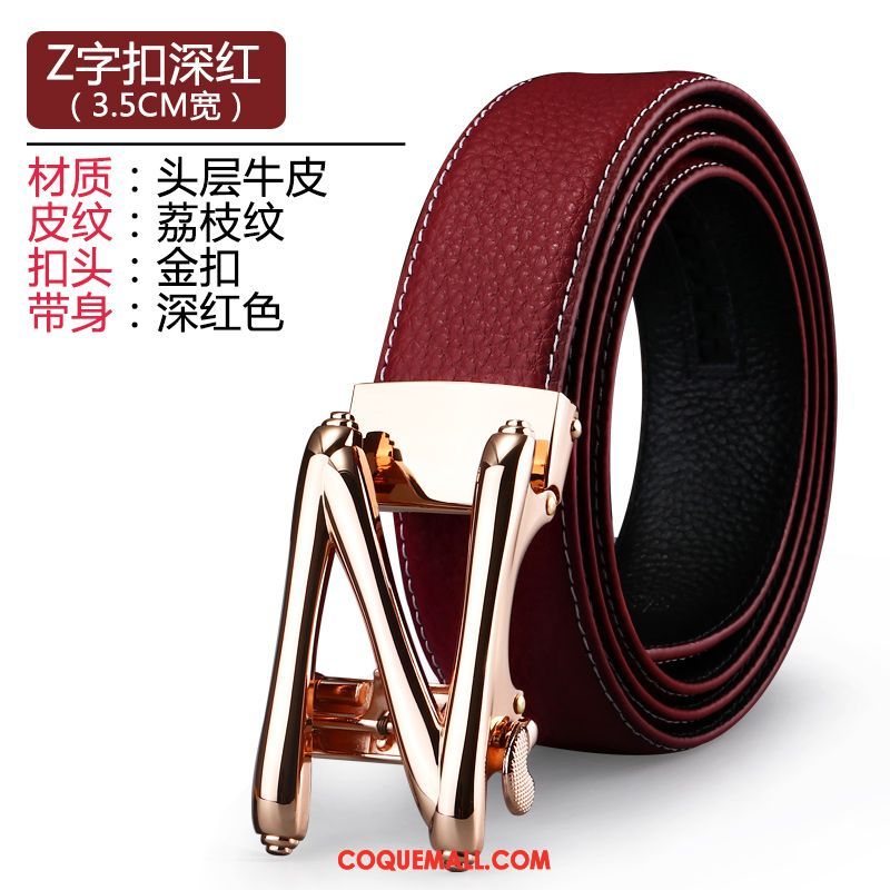 Ceinture Homme Pure Cuir De Vache Rouge, Ceinture Boucle Automatique Cuir Véritable