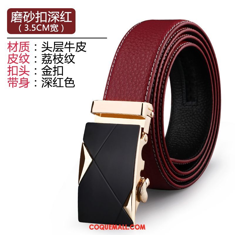 Ceinture Homme Pure Cuir De Vache Rouge, Ceinture Boucle Automatique Cuir Véritable