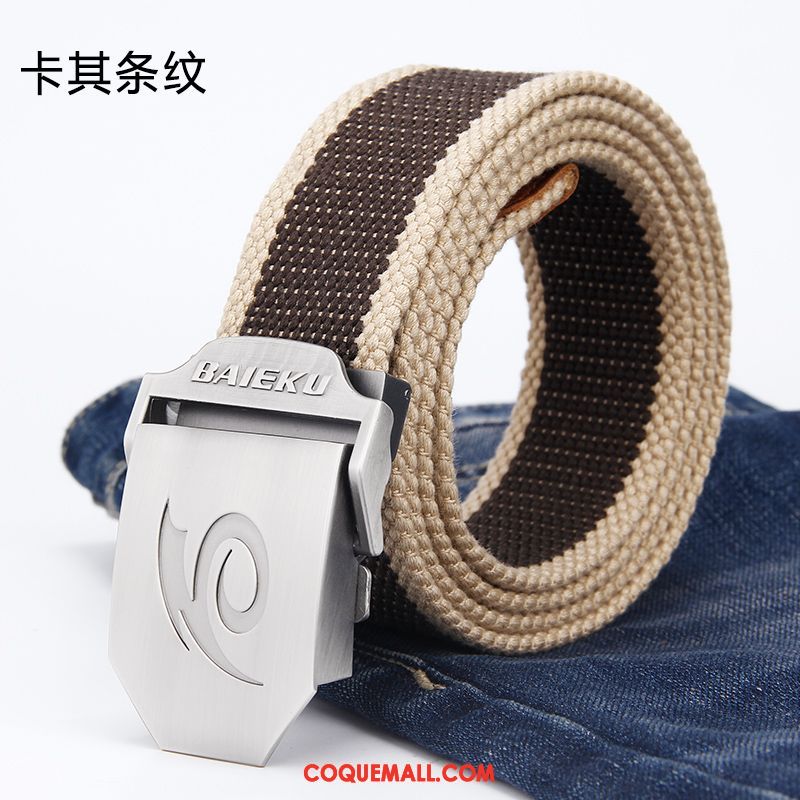 Ceinture Homme Toile Rayé Jeunesse, Ceinture Boucle Automatique Loisir Khaki