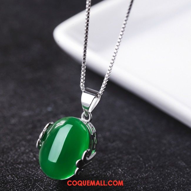 Collier Femme Argenté Tempérament Rétro, Collier Pendentif Vert