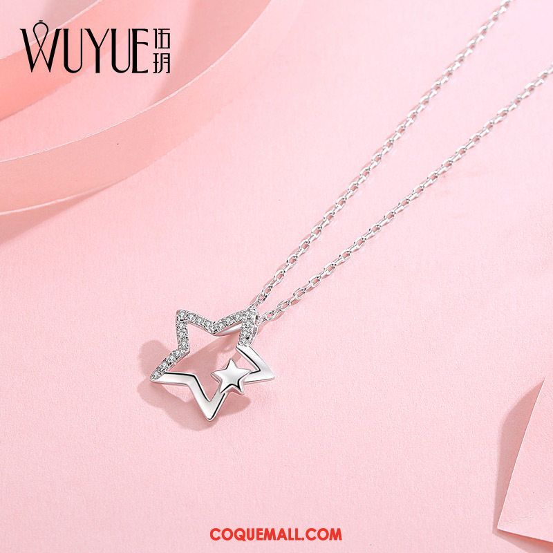 Collier Femme Rose Couleur Diamant, Collier Pendentif Argenté Gold