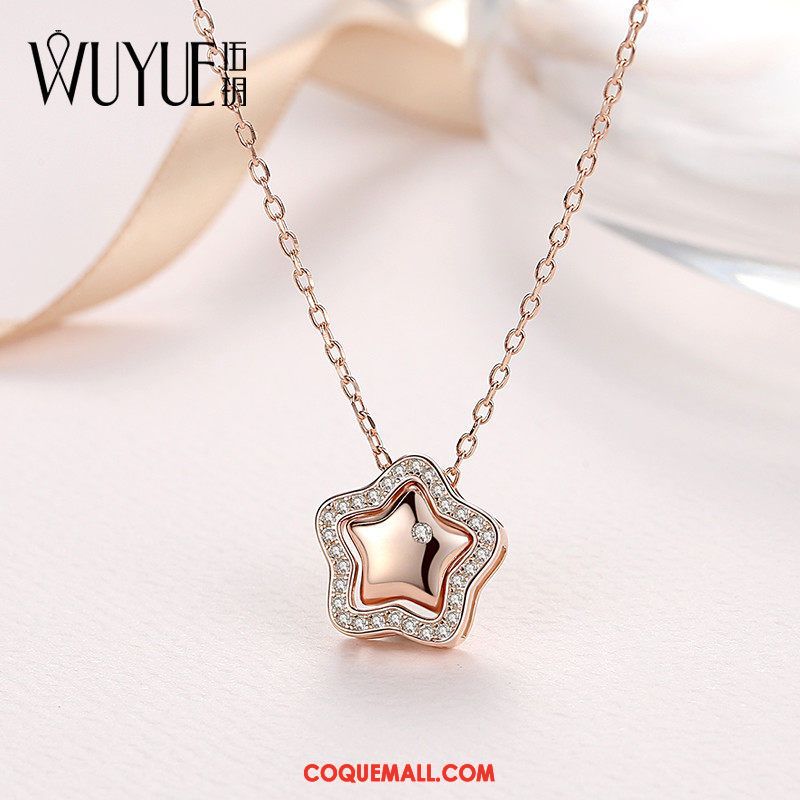 Collier Femme Rose Couleur Diamant, Collier Pendentif Argenté Gold
