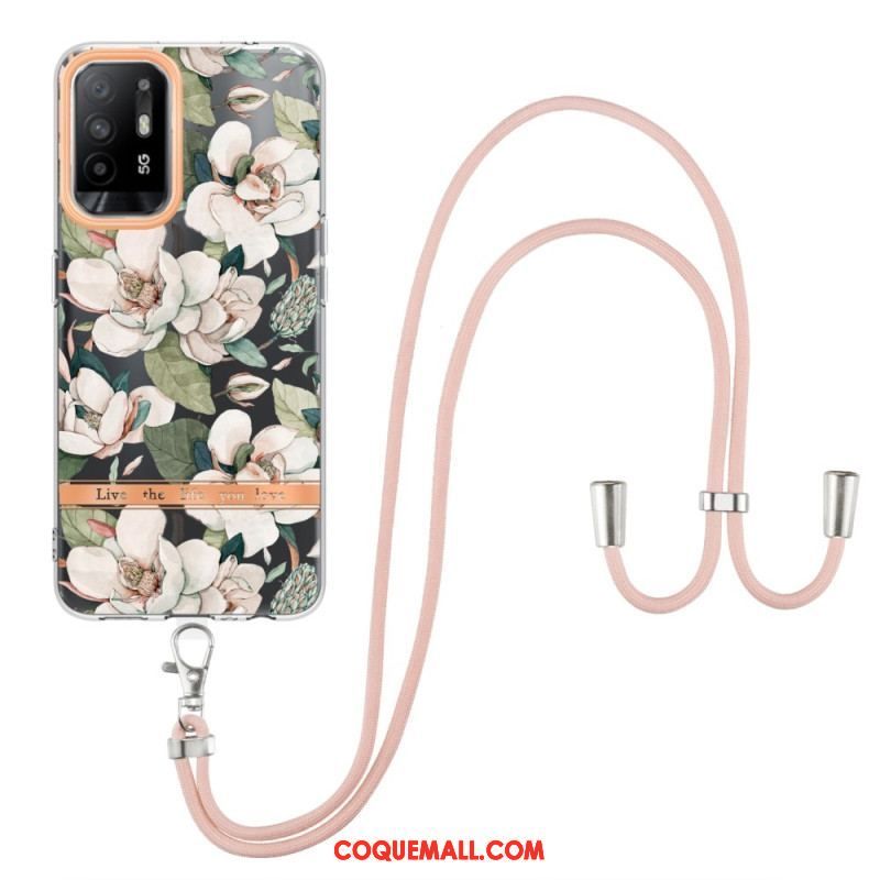 Coque Oppo A94 5G à Cordon Fleurs