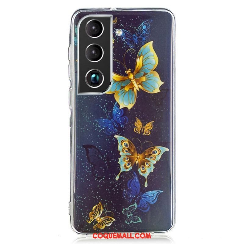 Coque Samsung Galaxy S22 5G Papillons Bleus Fluorescente