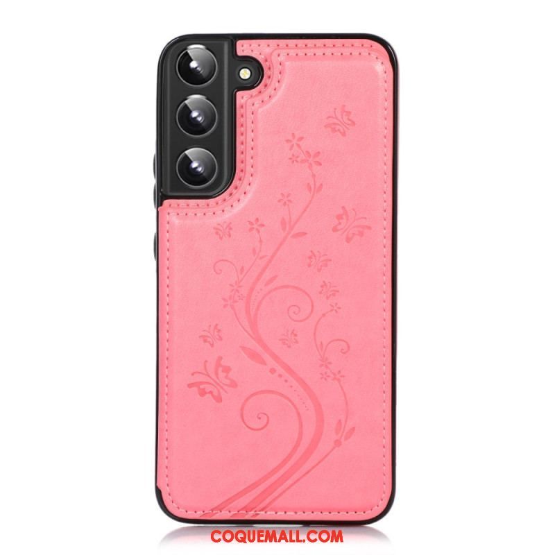 Coque Samsung Galaxy S22 5G Simili Cuir Porte-Cartes Support Fleurs