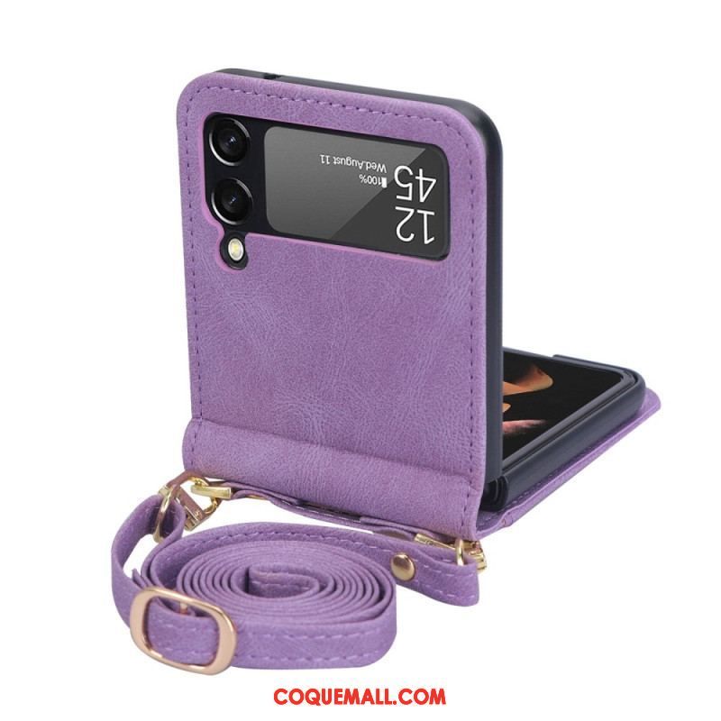 Coque Samsung Galaxy Z Flip 4 Effet Cuir Couture et bandoulière