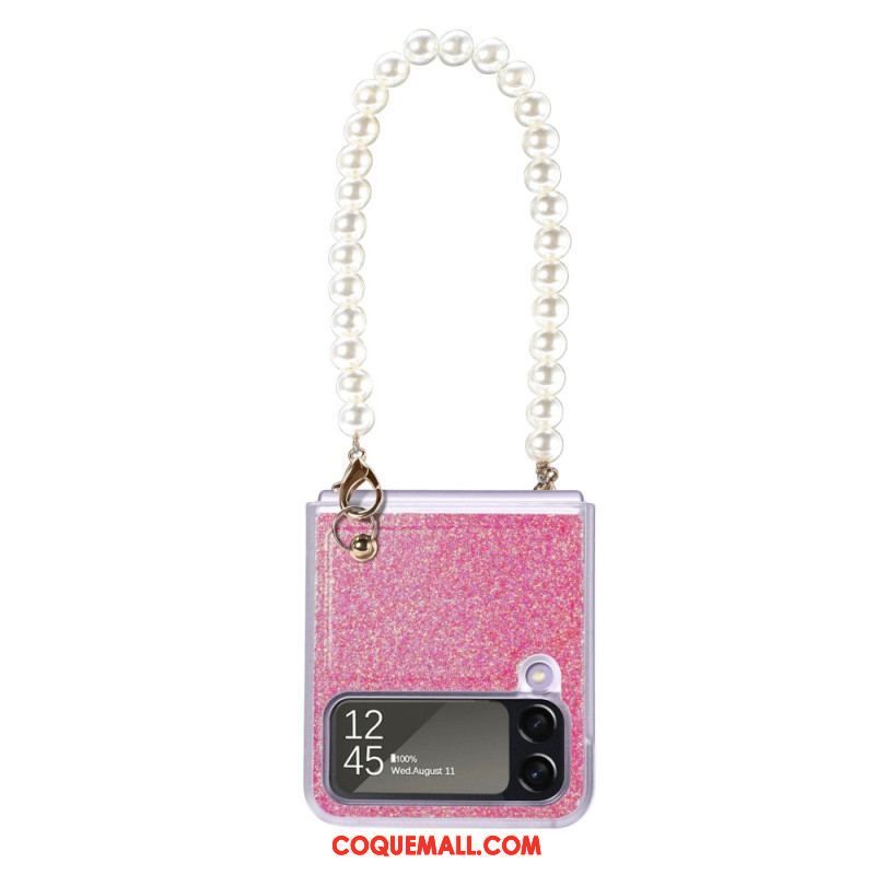 Coque Samsung Galaxy Z Flip 4 Paillettes Lanière en Perles