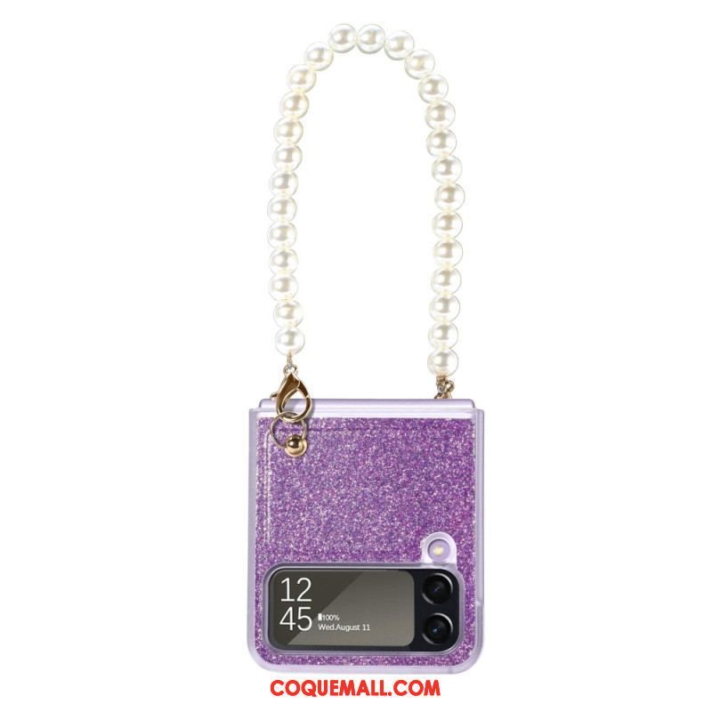 Coque Samsung Galaxy Z Flip 4 Paillettes Lanière en Perles