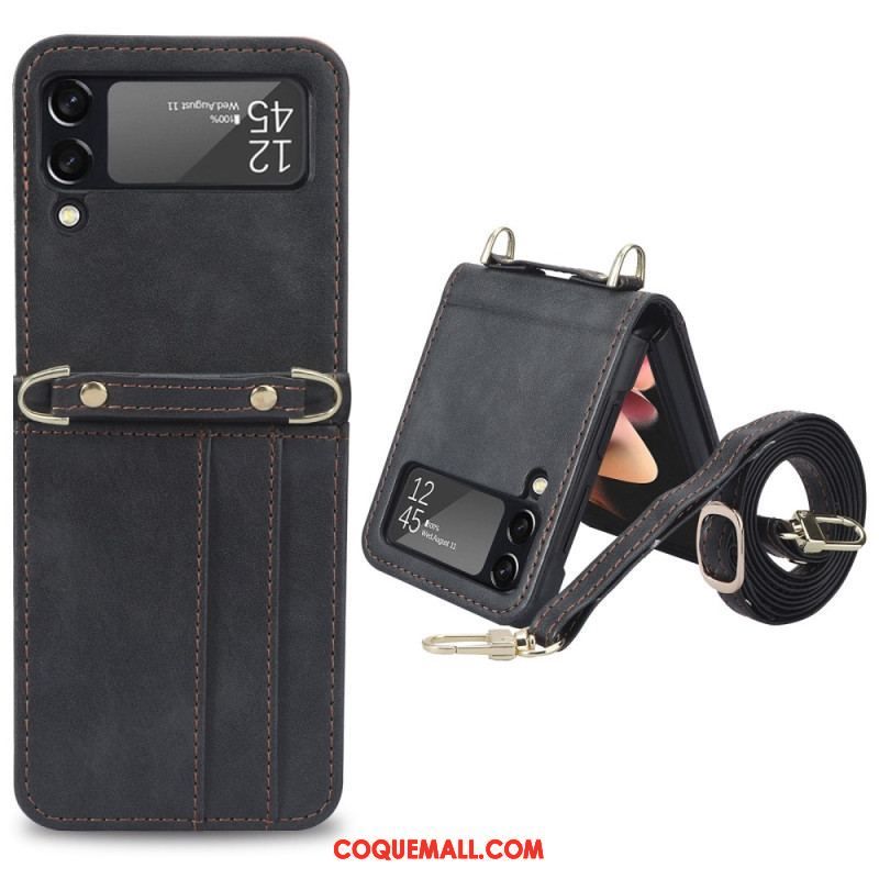 Coque Samsung Galaxy Z Flip 4 Style Cuir Porte-Cartes et Lanière