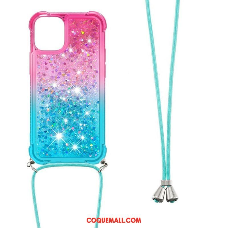 Coque iPhone 13 Mini Silicone Paillettes et Cordon