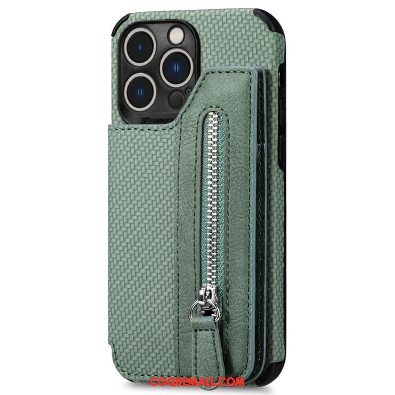 Coque iPhone 14 Pro Fibre Carbone Portefeuille et Support