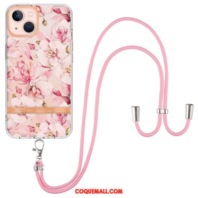 Coque iPhone 15 Plus à Cordon Fleurs