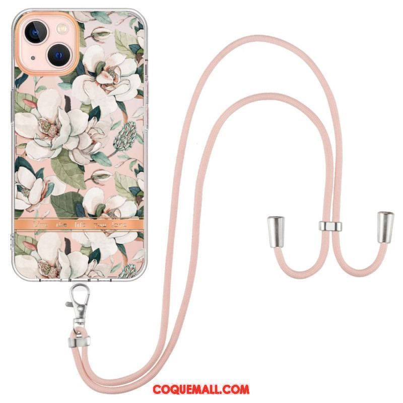 Coque iPhone 15 Plus à Cordon Fleurs