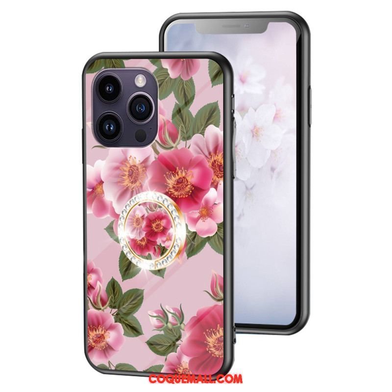 Coque iPhone 15 Pro Max Verre Trempé Floral avec Anneau-Support