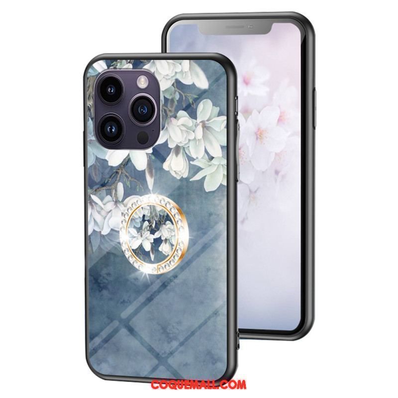 Coque iPhone 15 Pro Max Verre Trempé Floral avec Anneau-Support