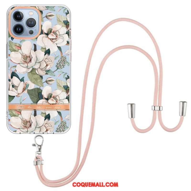 Coque iPhone 15 Pro Max à Cordon Fleurs