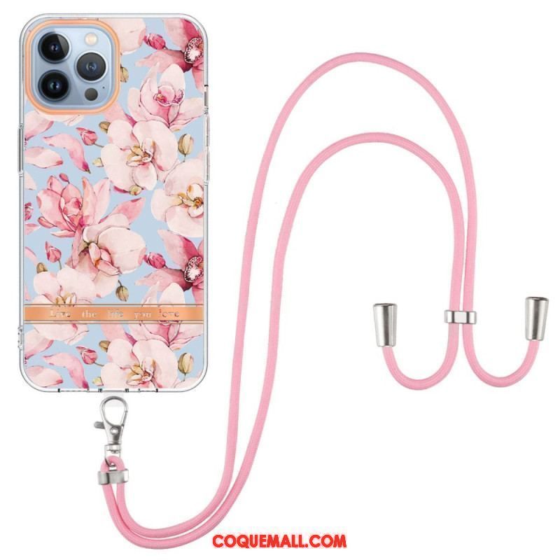 Coque iPhone 15 Pro Max à Cordon Fleurs