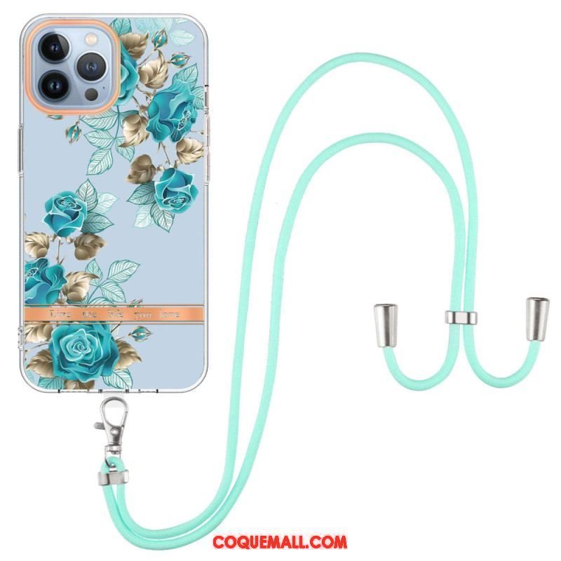 Coque iPhone 15 Pro Max à Cordon Fleurs