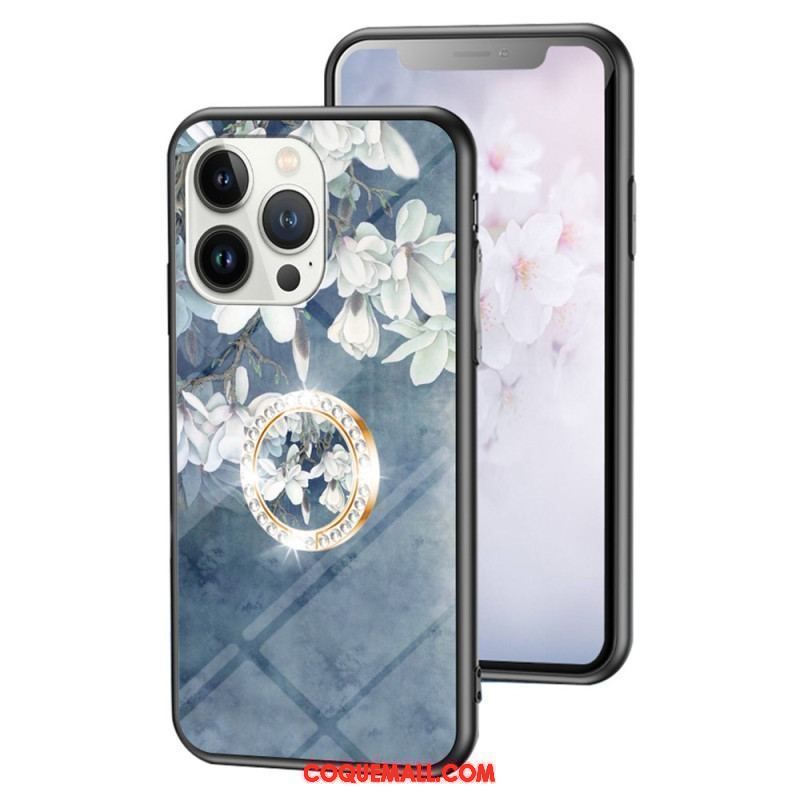 Coque iPhone 15 Pro Verre Trempé Floral avec Anneau-Support