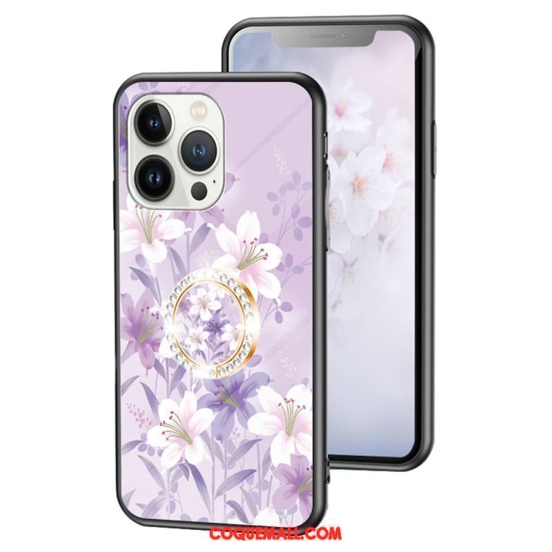 Coque iPhone 15 Pro Verre Trempé Floral avec Anneau-Support