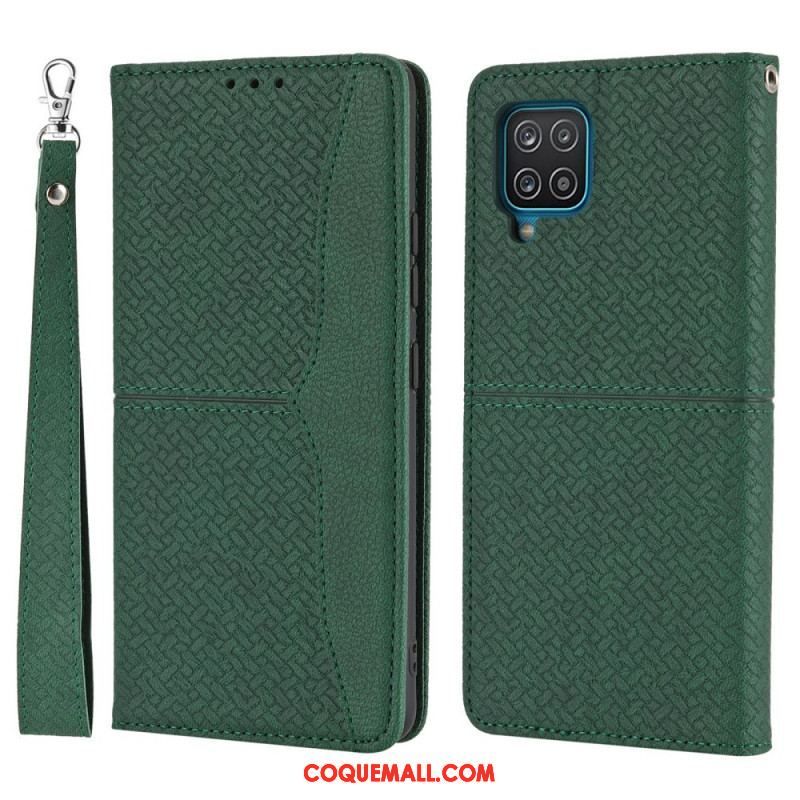 Flip Cover Samsung Galaxy A12 / M12 Style Cuir Tissée à Lanière