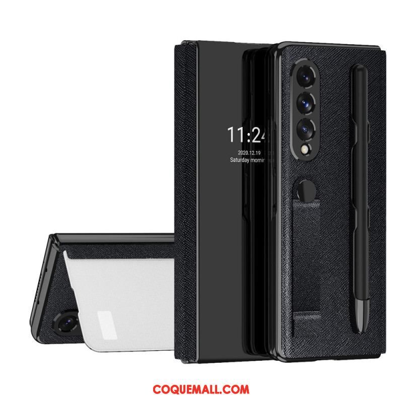 Flip Cover Samsung Galaxy Z Fold 3 5G Miroir Porte-Stylet et Sangle