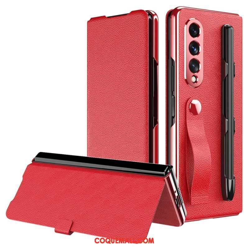 Flip Cover Samsung Galaxy Z Fold 3 5G Style Cuir Litchi Porte-Stylet et Sangle