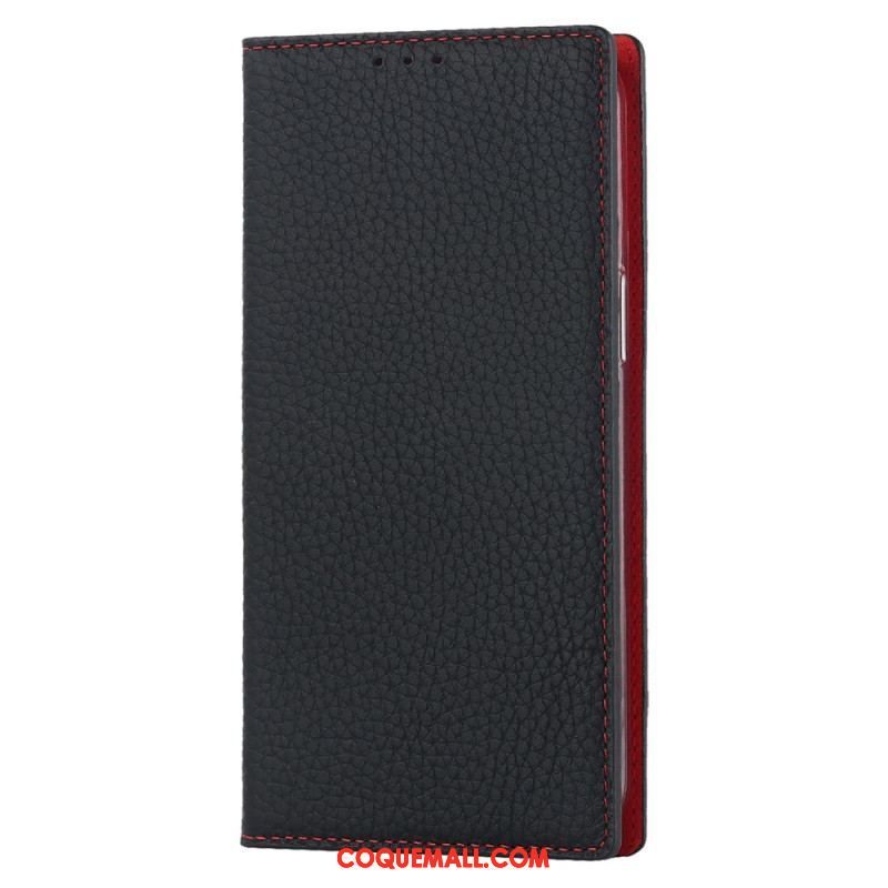 Flip Cover iPhone 14 Cuir Litchi Véritable à Lanière